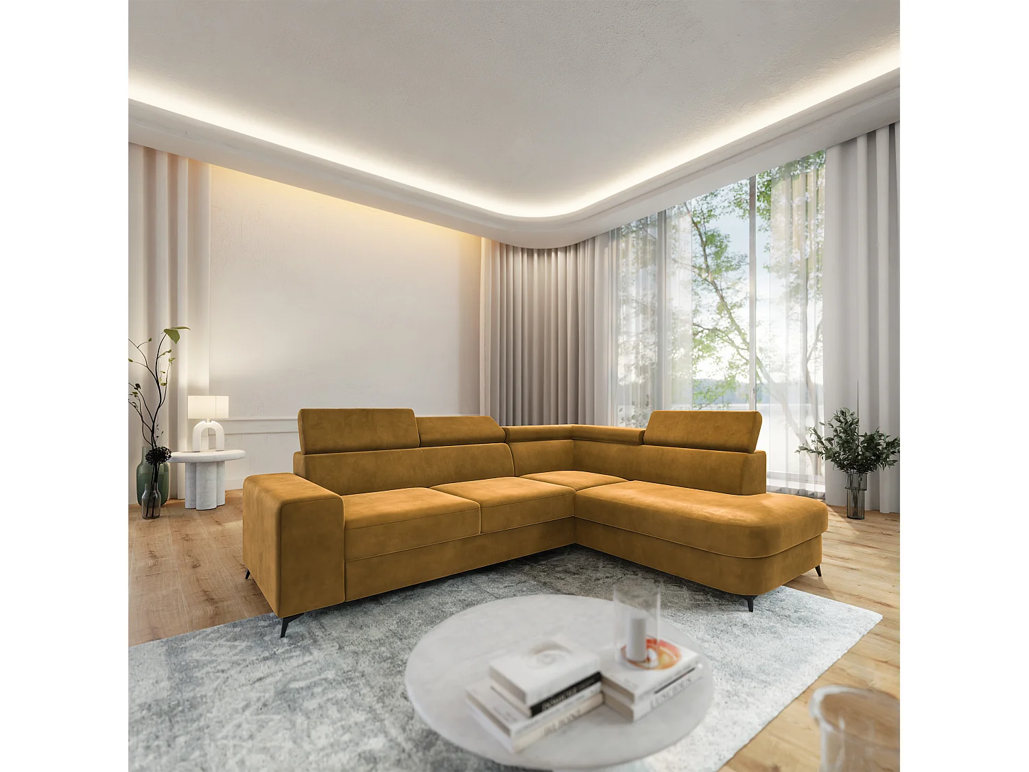 Hoekbank ALVORO van fluweel met slaapfunctie Gelb