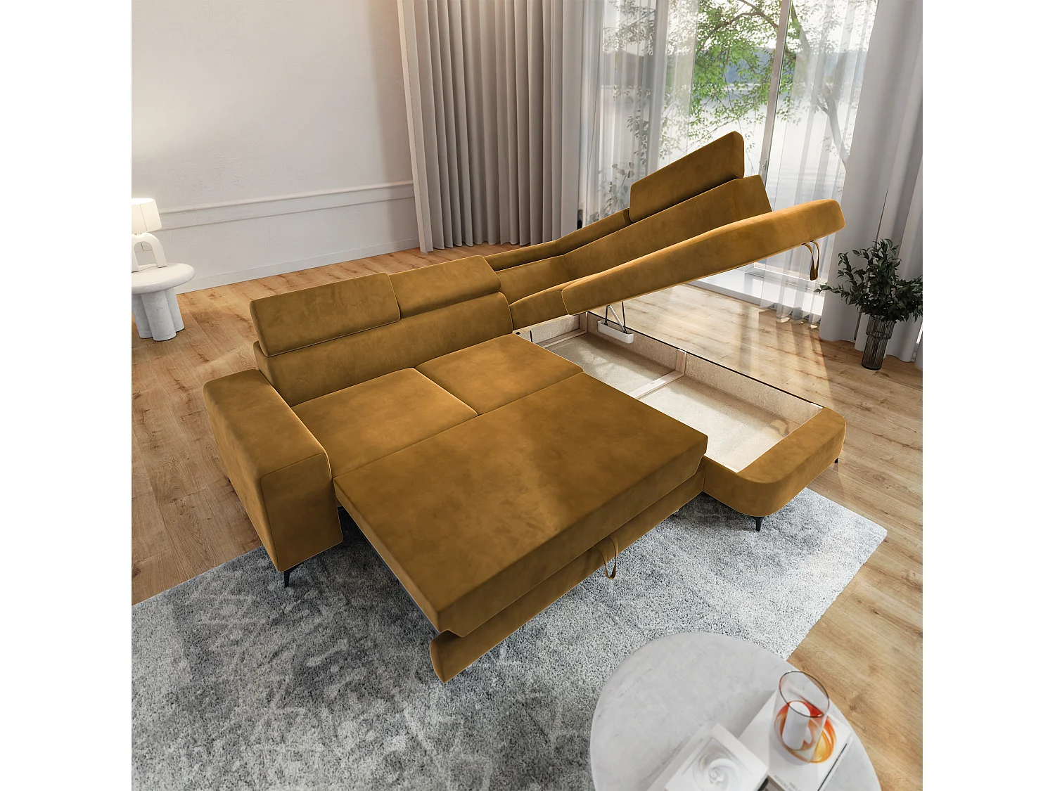 Hoekbank ALVORO van fluweel met slaapfunctie Gelb