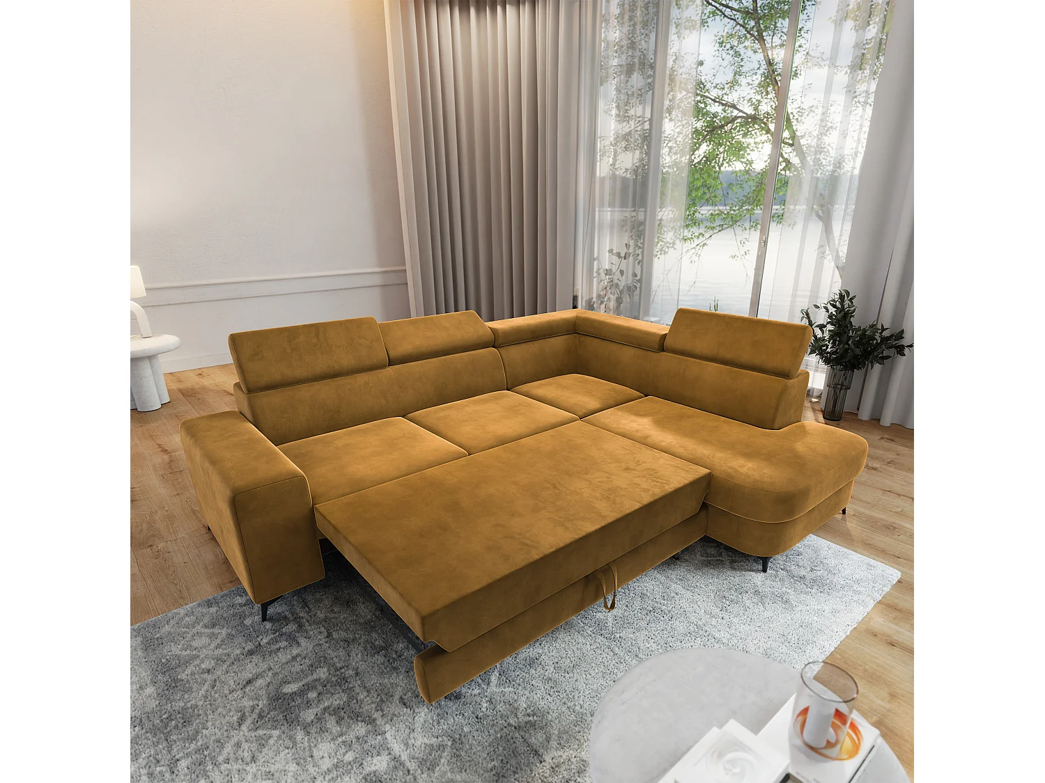 Hoekbank ALVORO van fluweel met slaapfunctie Gelb