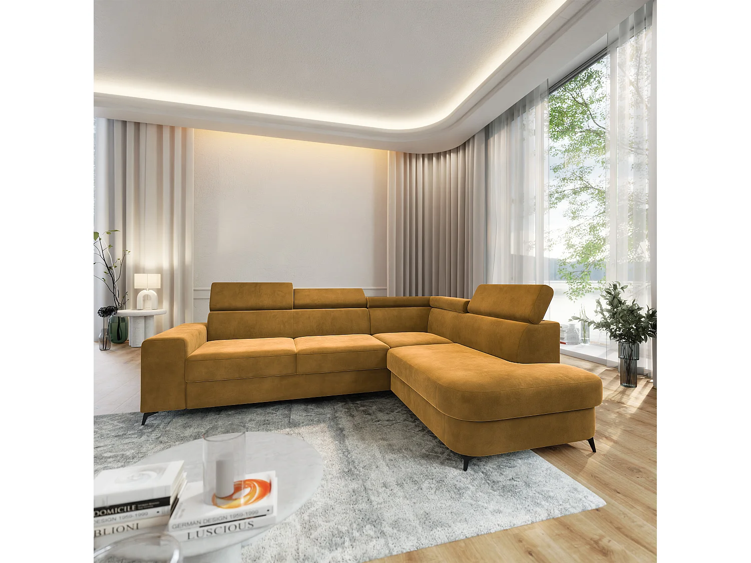 Hoekbank ALVORO van fluweel met slaapfunctie Gelb