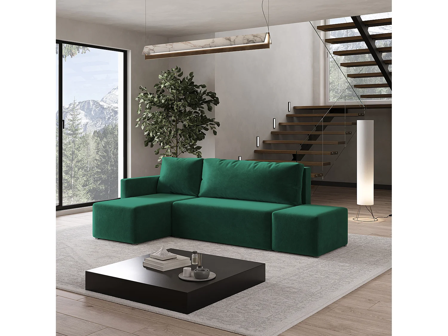 Hoekbank VELOTTI van fluweel met slaapfunctie Grün