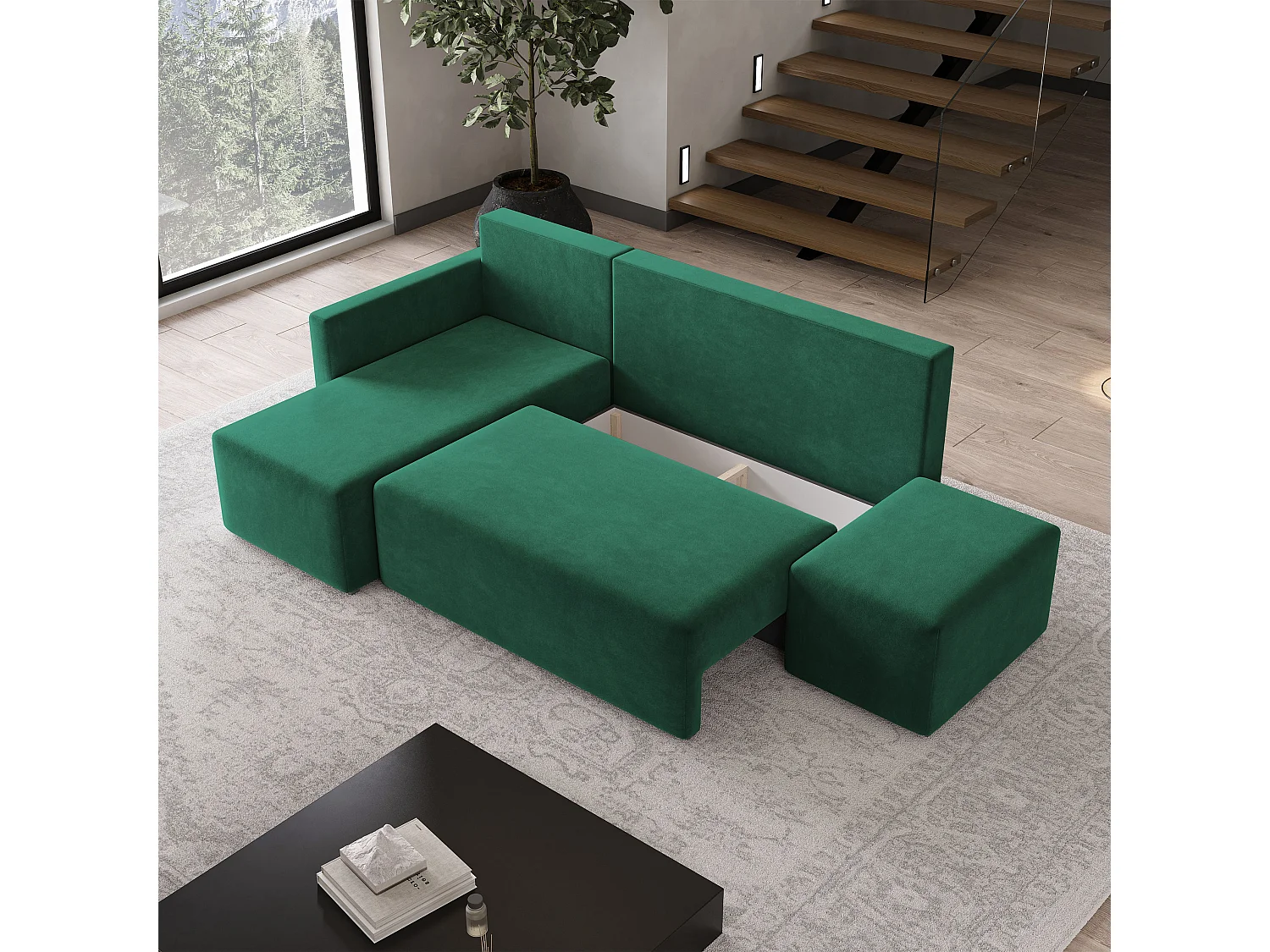 Hoekbank VELOTTI van fluweel met slaapfunctie Grün