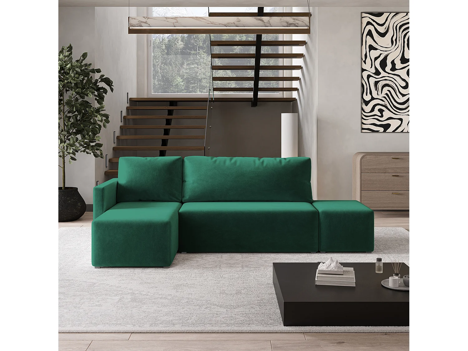 Hoekbank VELOTTI van fluweel met slaapfunctie Grün