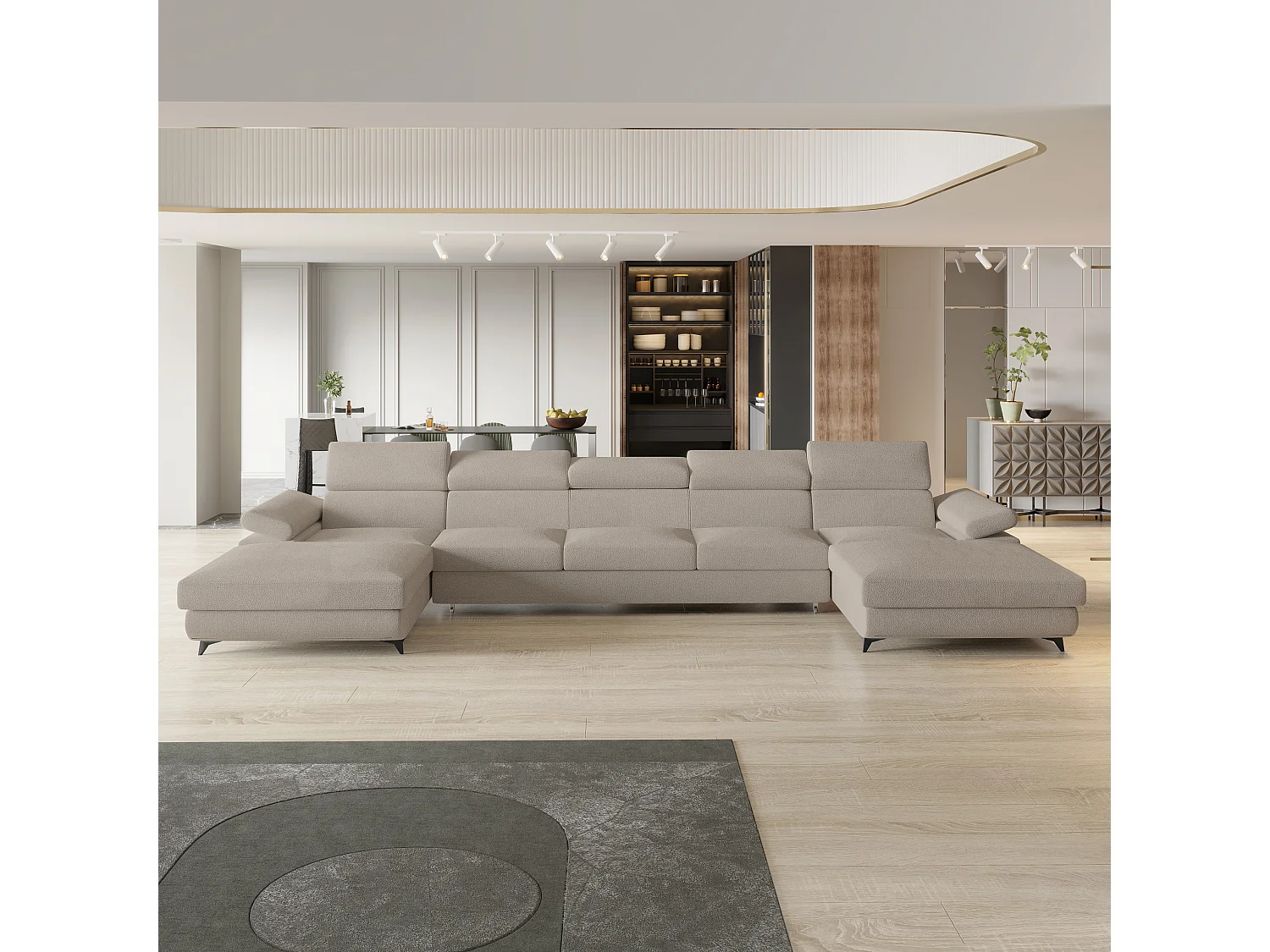 Canapé d'angle VIVENTE Beige en bouclé avec fonction de couchage