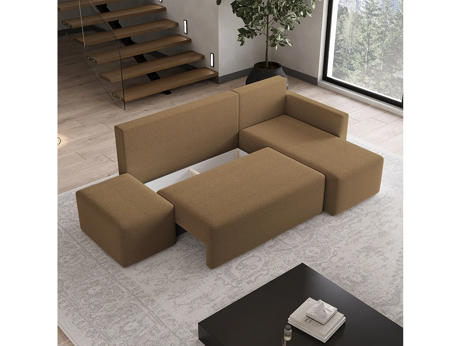 Hoekbank VELOTTI van fluweel met slaapfunctie Orange