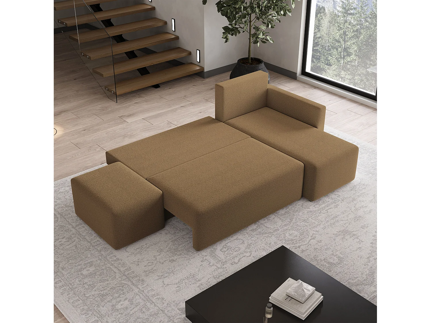 Hoekbank VELOTTI van fluweel met slaapfunctie Orange