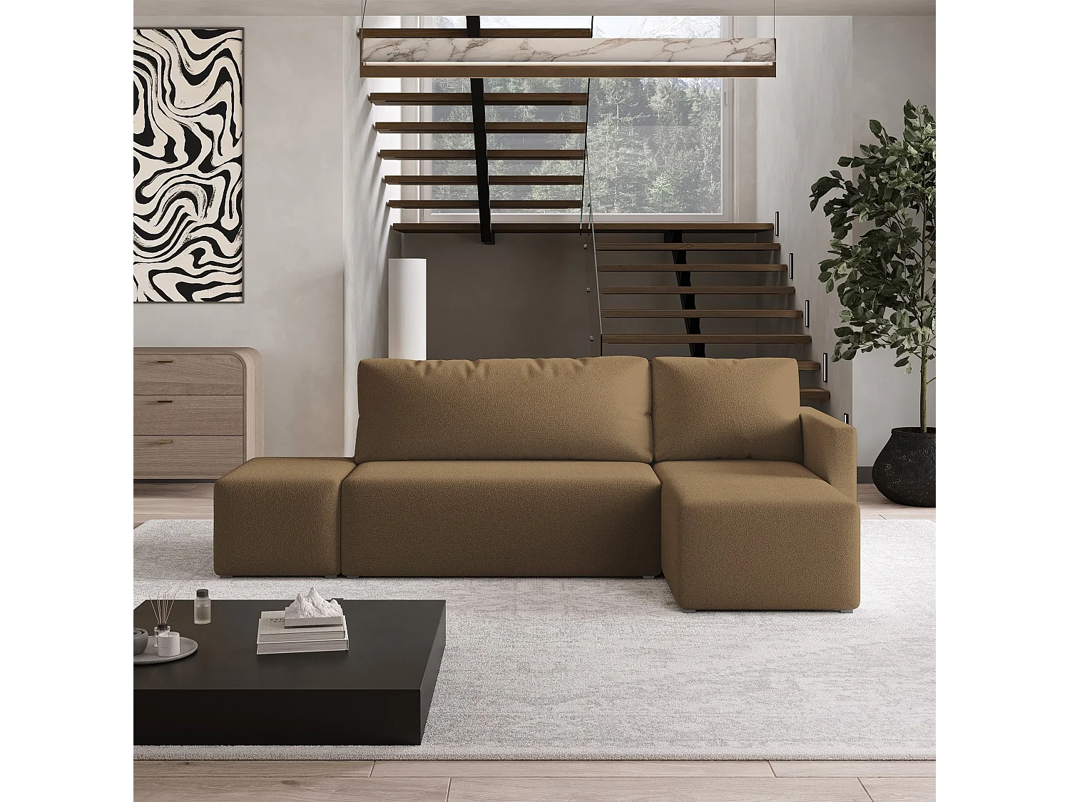 Hoekbank VELOTTI van fluweel met slaapfunctie Orange