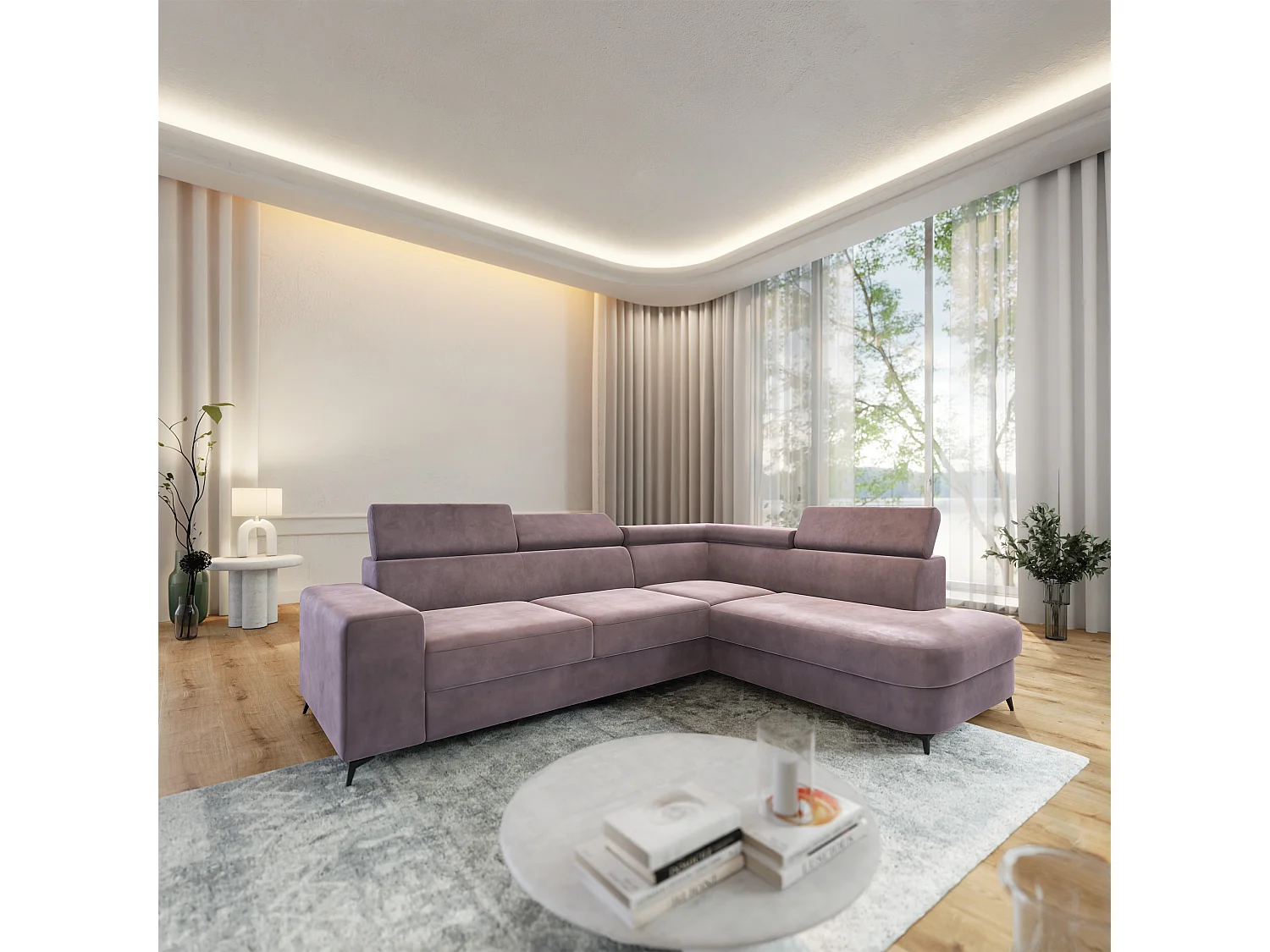 Hoekbank ALVORO van fluweel met slaapfunctie Lila
