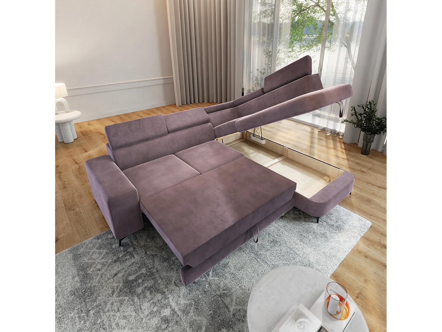 Hoekbank ALVORO van fluweel met slaapfunctie Lila