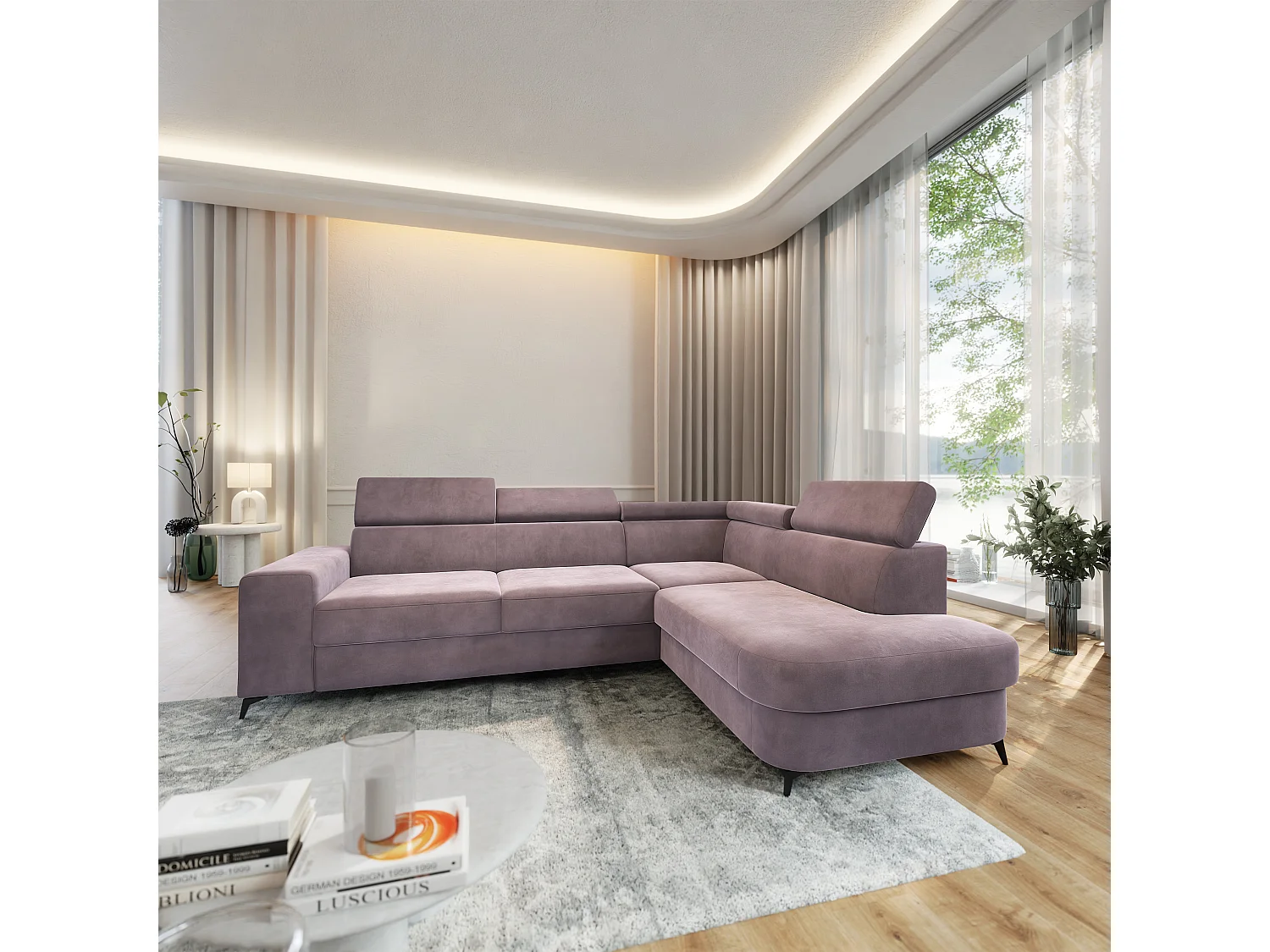 Hoekbank ALVORO van fluweel met slaapfunctie Lila