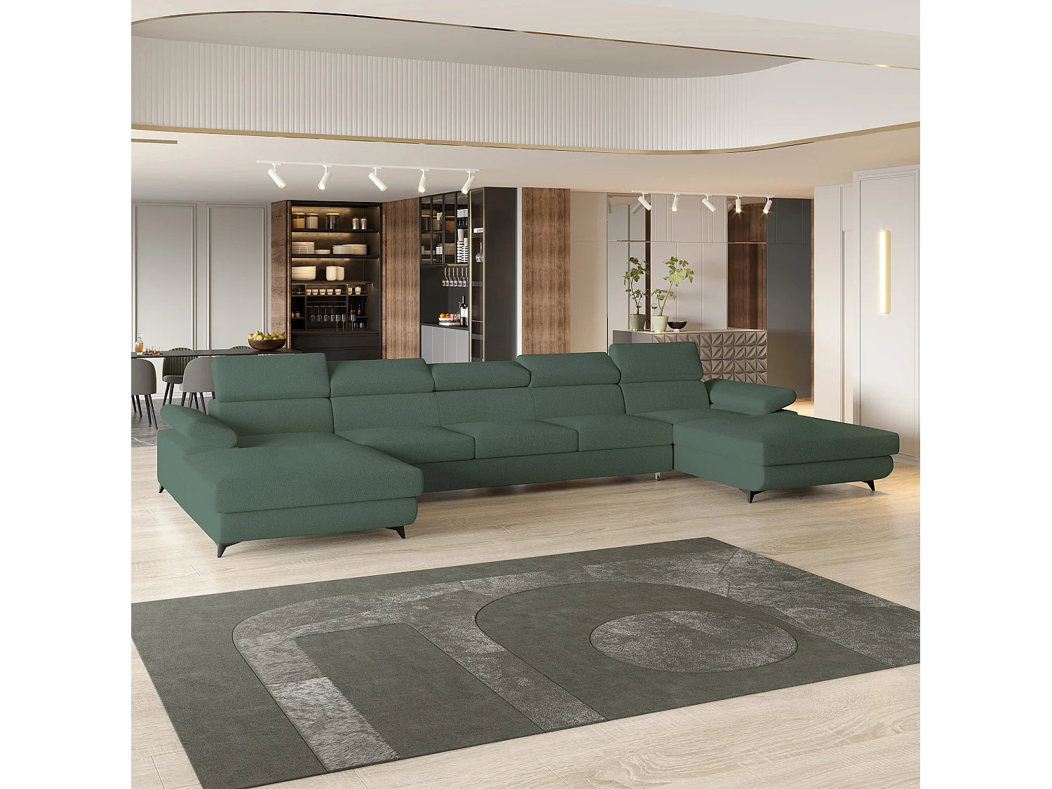 Canapé d'angle VIVENTE Vert en bouclé avec fonction de couchage