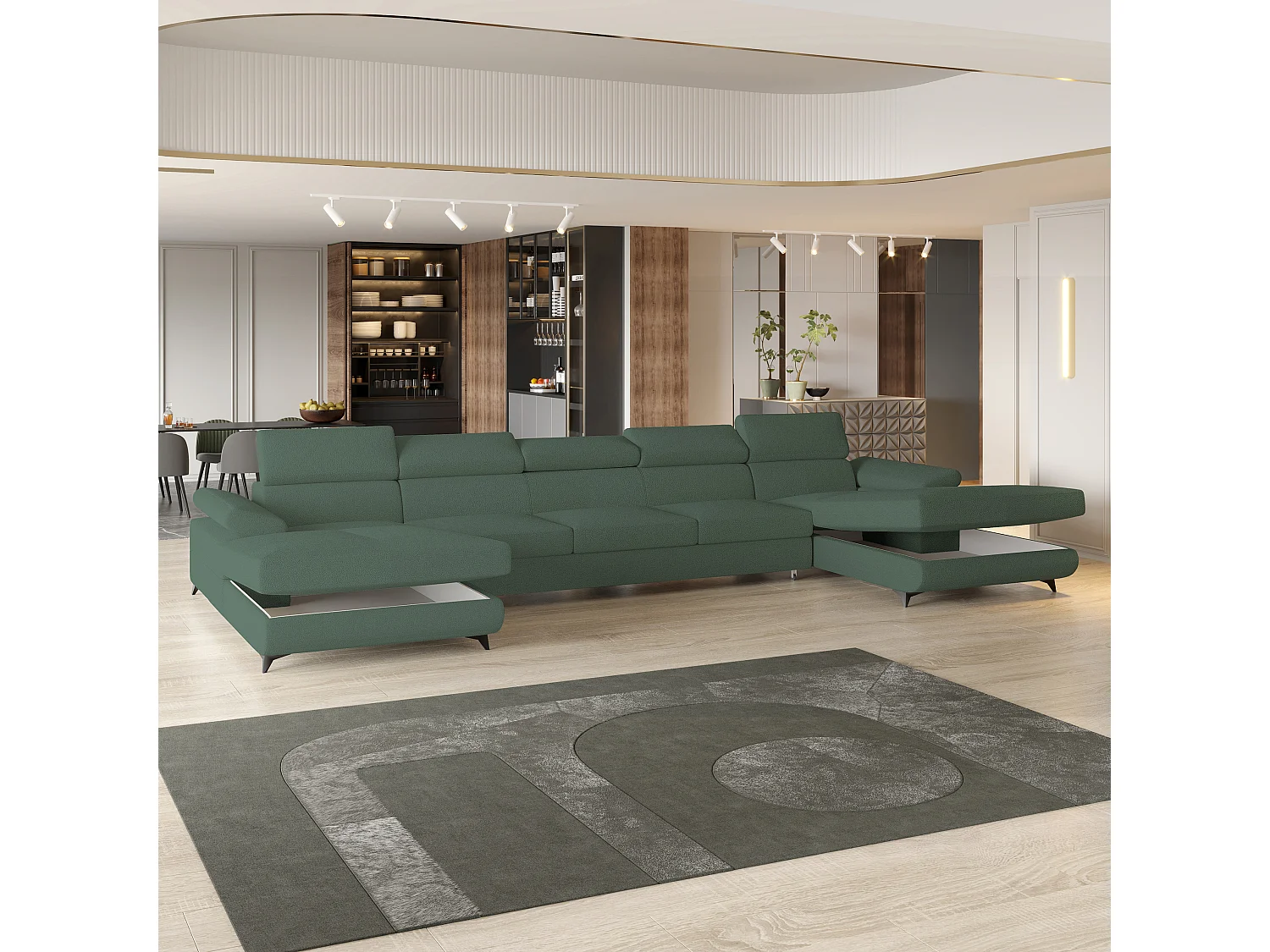 Canapé d'angle VIVENTE Vert en bouclé avec fonction de couchage