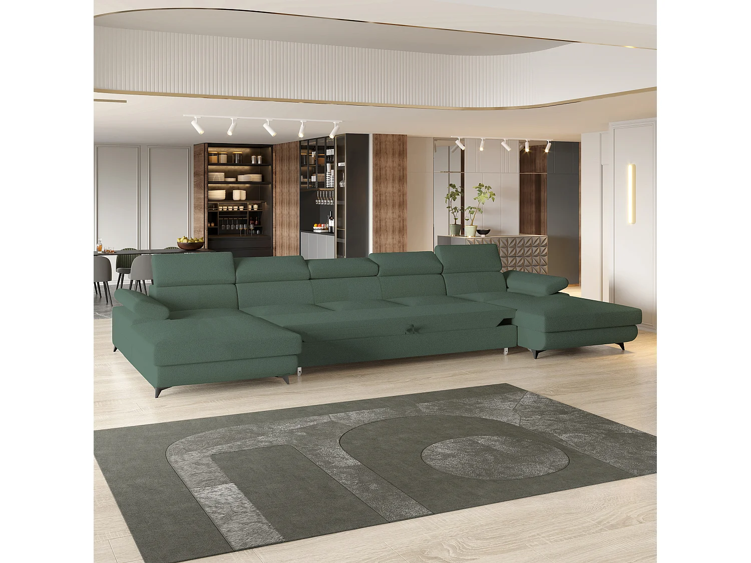 Canapé d'angle VIVENTE Vert en bouclé avec fonction de couchage