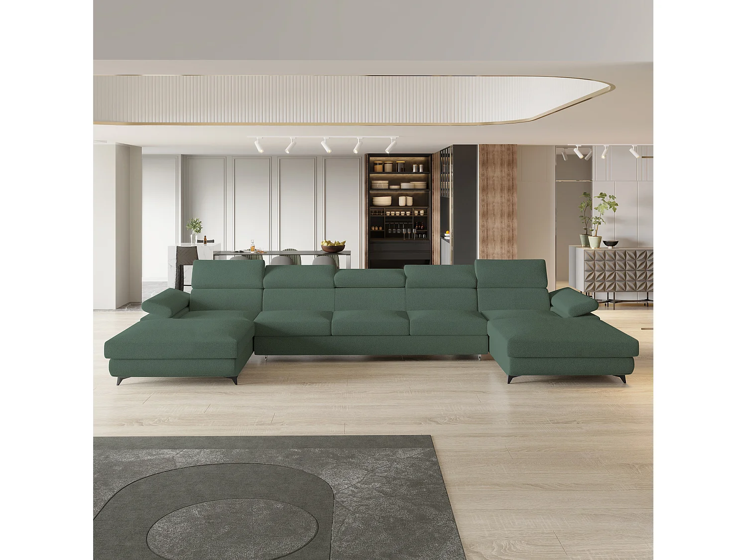 Canapé d'angle VIVENTE Vert en bouclé avec fonction de couchage