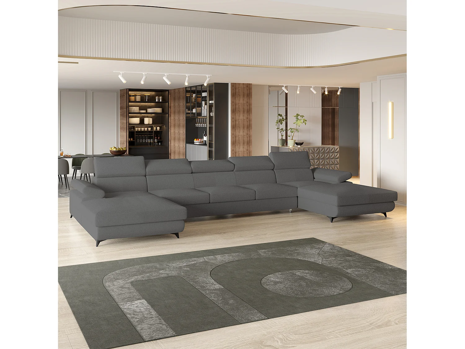 Canapé d'angle VIVENTE Gris en bouclé avec fonction de couchage