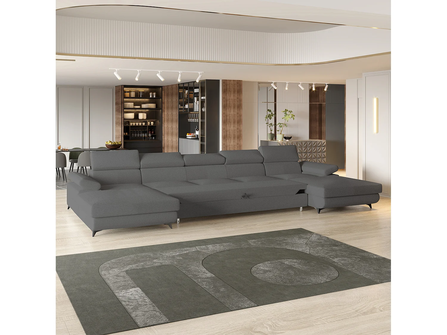 Canapé d'angle VIVENTE Gris en bouclé avec fonction de couchage