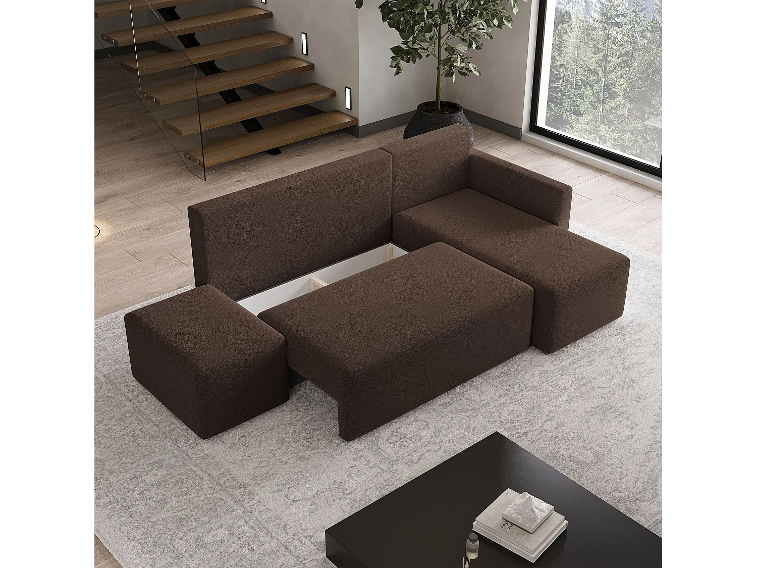Hoekbank VELOTTI van fluweel met slaapfunctie Braun