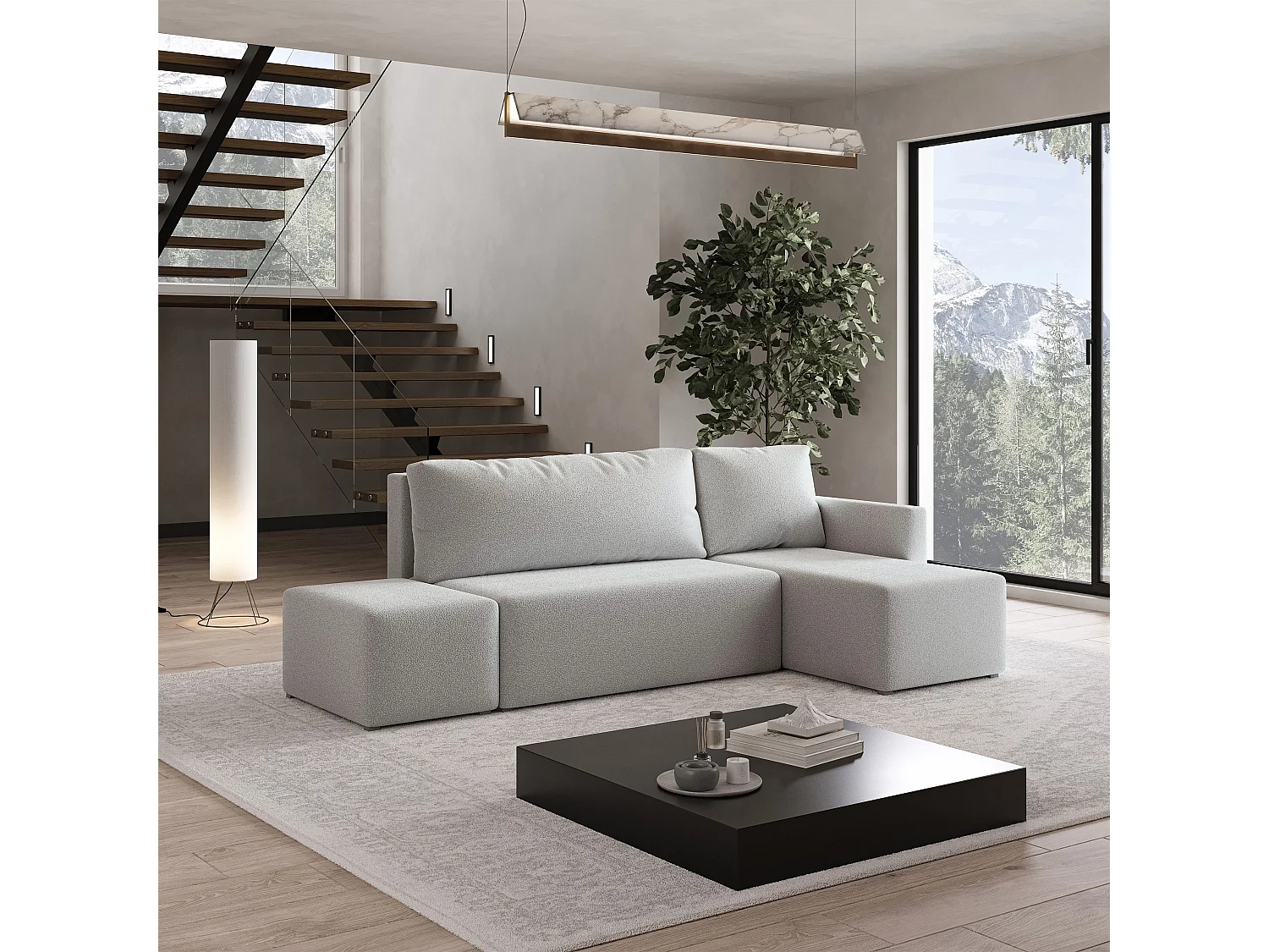 Hoekbank VELOTTI van fluweel met slaapfunctie Hellgrau