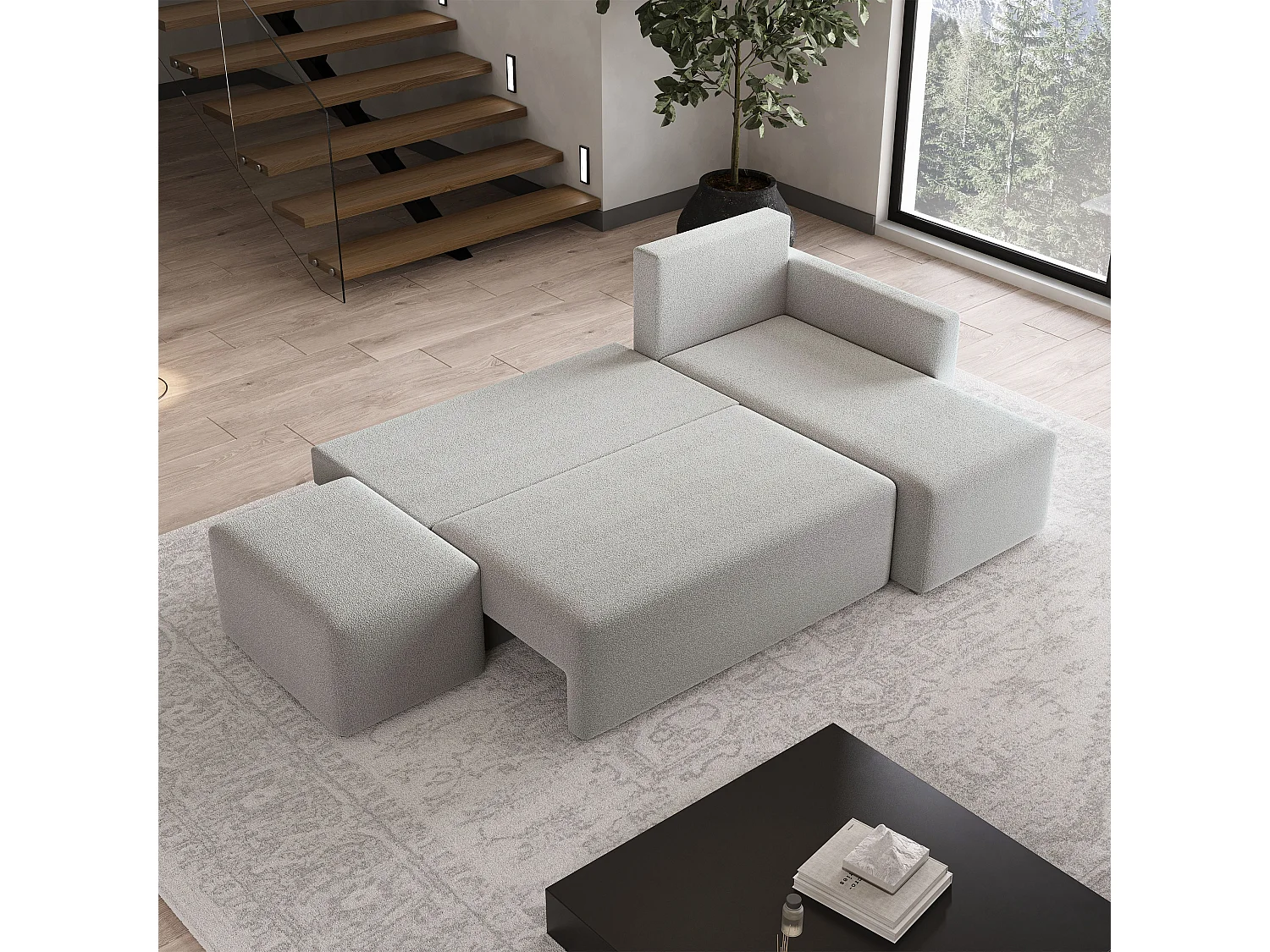 Hoekbank VELOTTI van fluweel met slaapfunctie Hellgrau