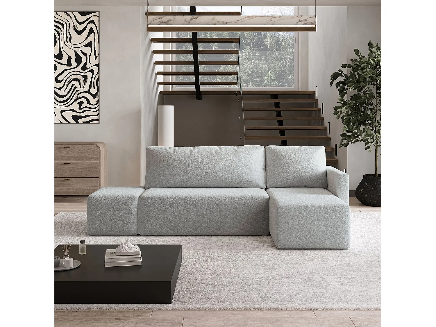 Hoekbank VELOTTI van fluweel met slaapfunctie Hellgrau