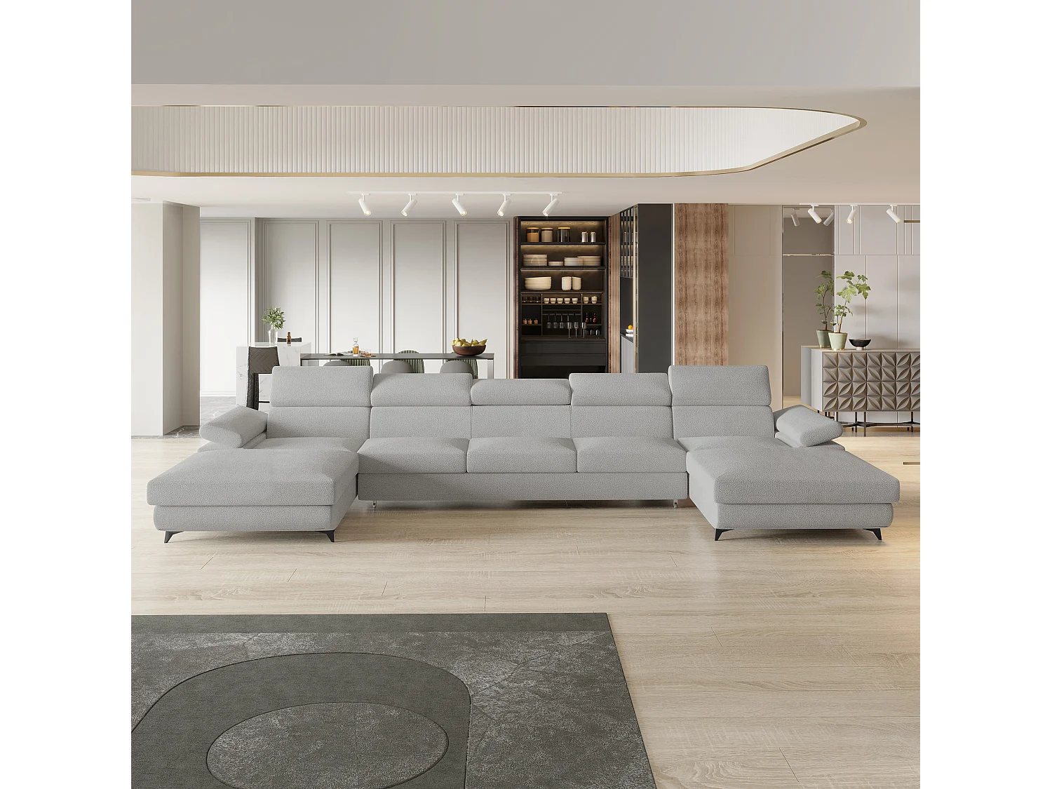 Canapé d'angle VIVENTE Gris clair en bouclé avec fonction de couchage