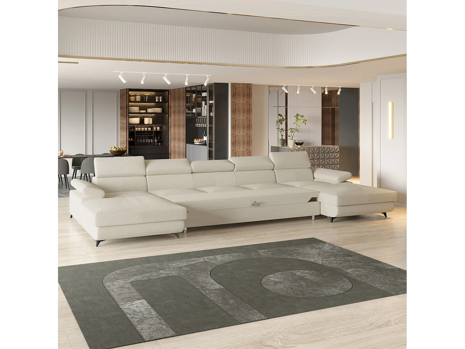 Hoekbank VIVENTE van fluweel met slaapfunctie Creme