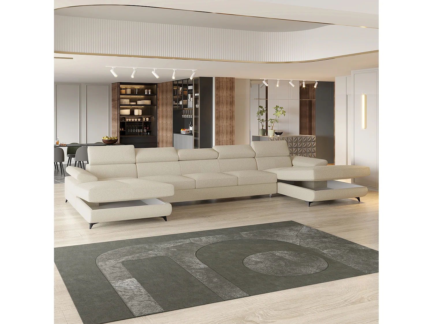 Canapé d'angle VIVENTE Crème en bouclé avec fonction de couchage