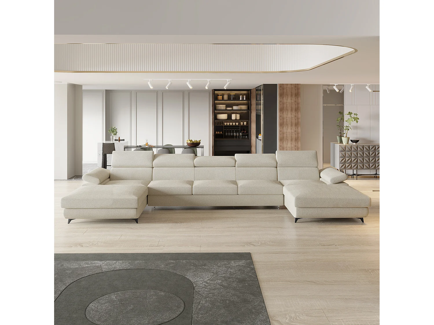 Canapé d'angle VIVENTE Crème en bouclé avec fonction de couchage