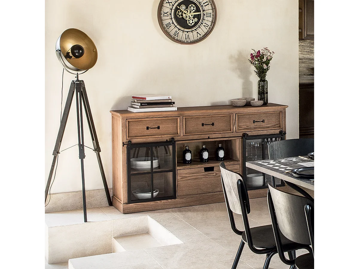 Buffet avec 2 portes 4 tiroirs en bois et verre - Longueur 160 x Profondeur 40 x Hauteur 85 cm