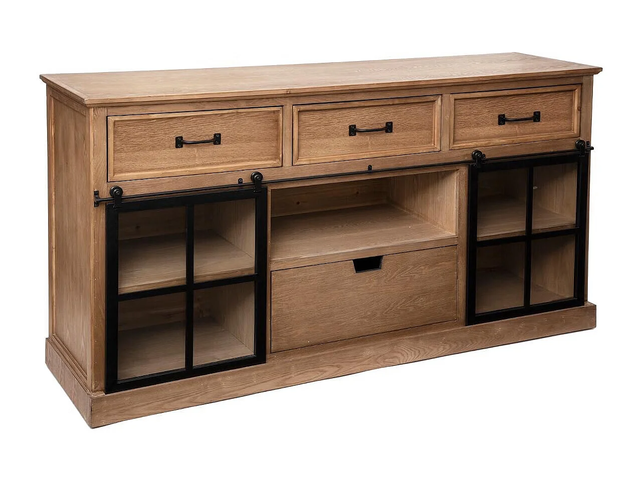 Buffet avec 2 portes 4 tiroirs en bois et verre - Longueur 160 x Profondeur 40 x Hauteur 85 cm