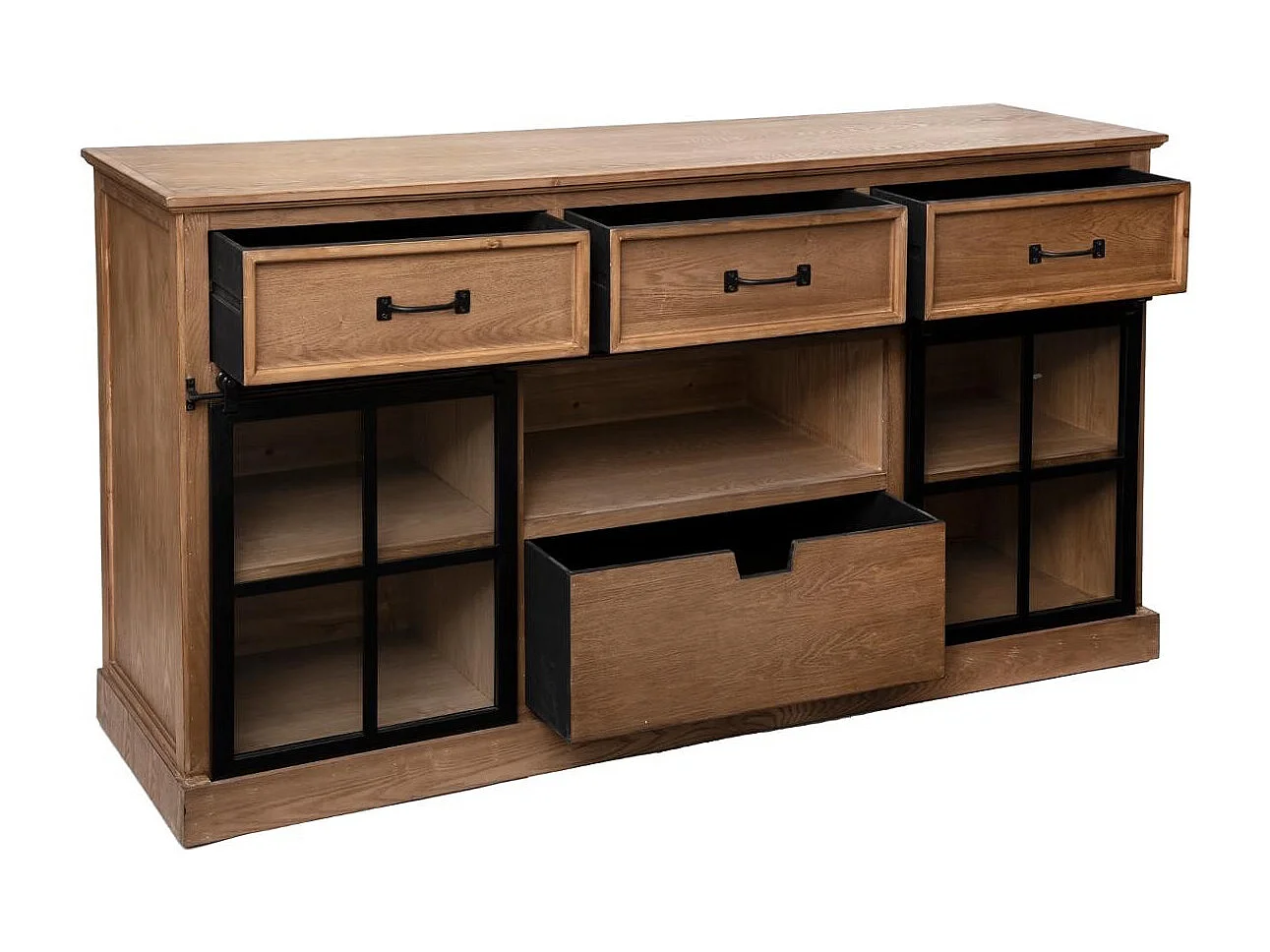 Buffet avec 2 portes 4 tiroirs en bois et verre - Longueur 160 x Profondeur 40 x Hauteur 85 cm