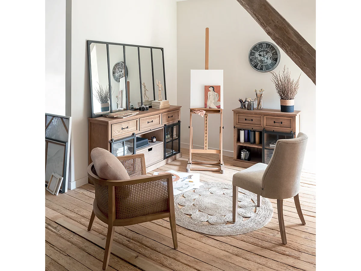 Buffet avec 2 portes 4 tiroirs en bois et verre - Longueur 160 x Profondeur 40 x Hauteur 85 cm