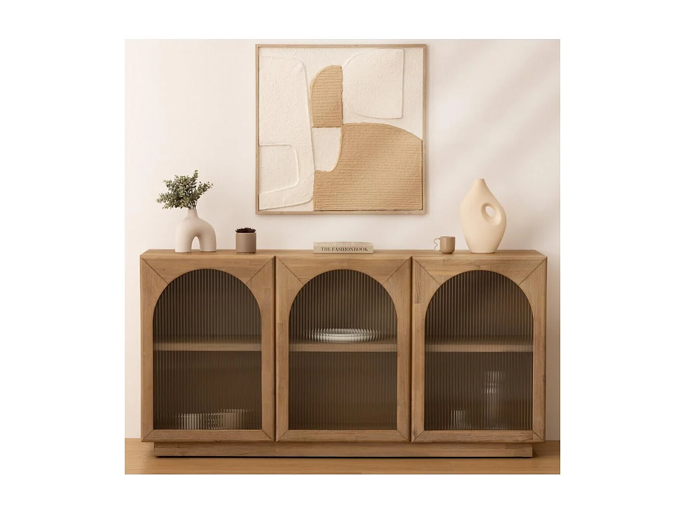 Buffet meuble de rangement en bois avec 3 portes en verre et étagères ajustables, coloris beige - Longueur 160 x Profondeur 40 x Hauteur 80 cm