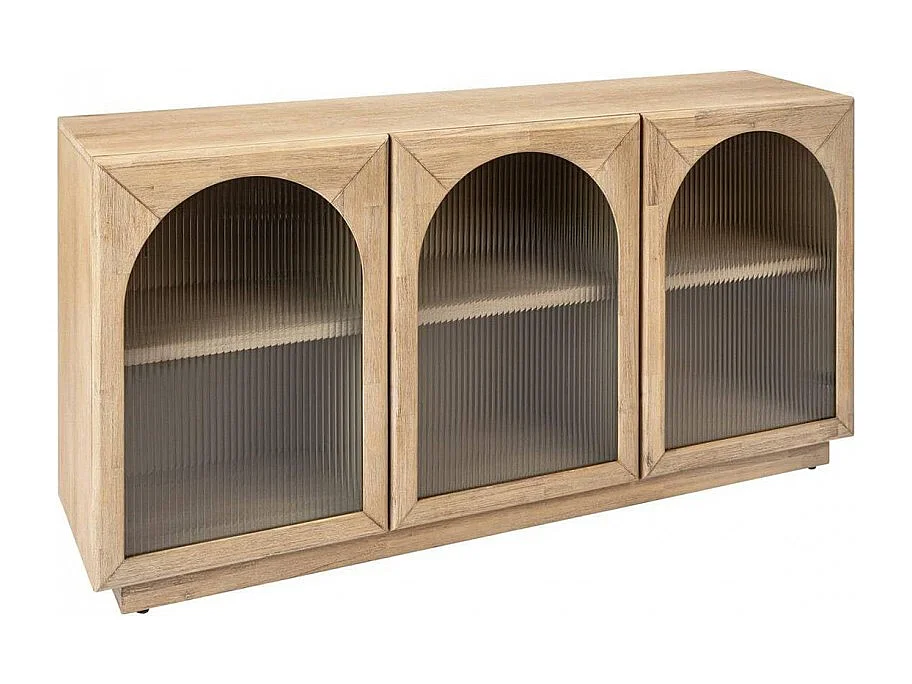 Buffet meuble de rangement en bois avec 3 portes en verre et étagères ajustables, coloris beige - Longueur 160 x Profondeur 40 x Hauteur 80 cm