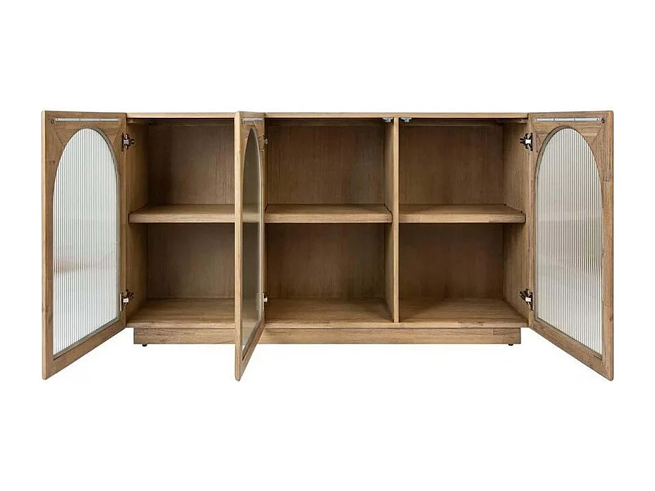 Buffet meuble de rangement en bois avec 3 portes en verre et étagères ajustables, coloris beige - Longueur 160 x Profondeur 40 x Hauteur 80 cm
