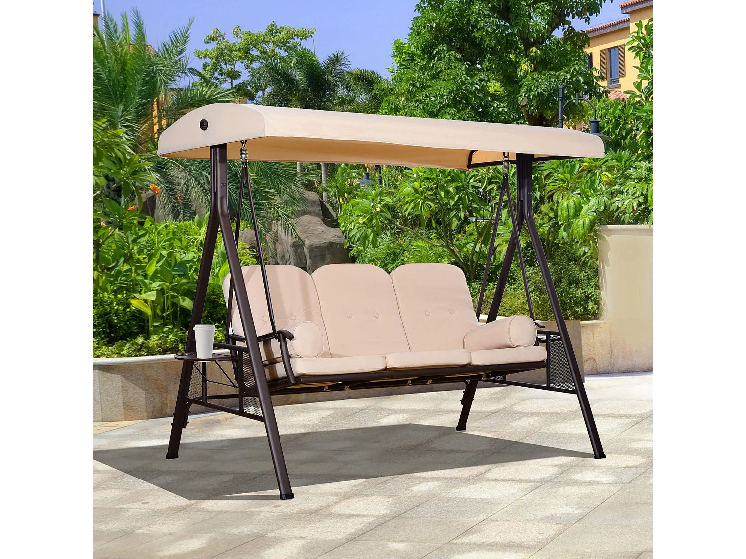 Balancelle de jardin 3 places grand confort toit inclinaison réglable coussins plateaux rétractables polyester filé beige