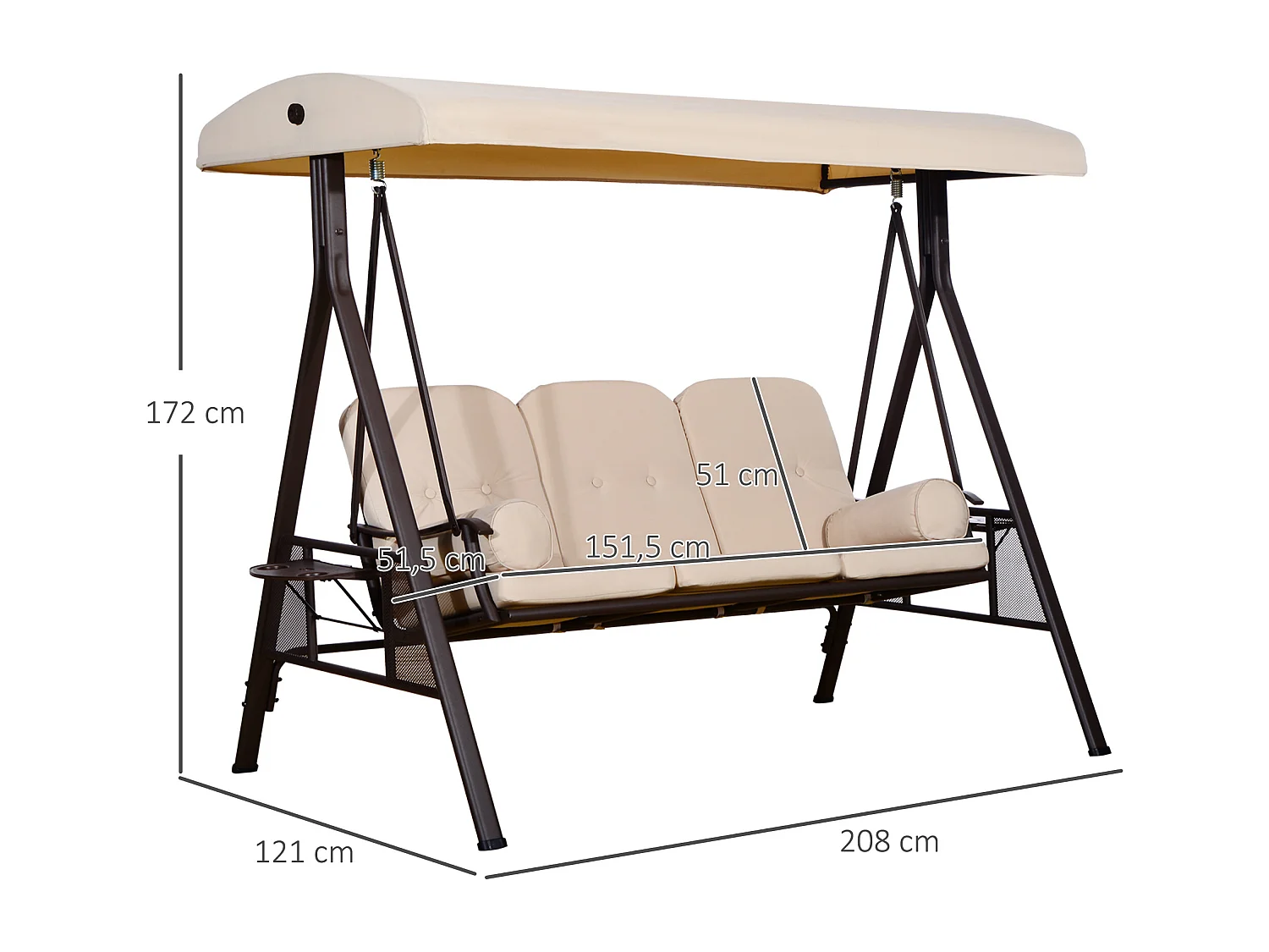 Balancelle de jardin 3 places grand confort toit inclinaison réglable coussins plateaux rétractables polyester filé beige