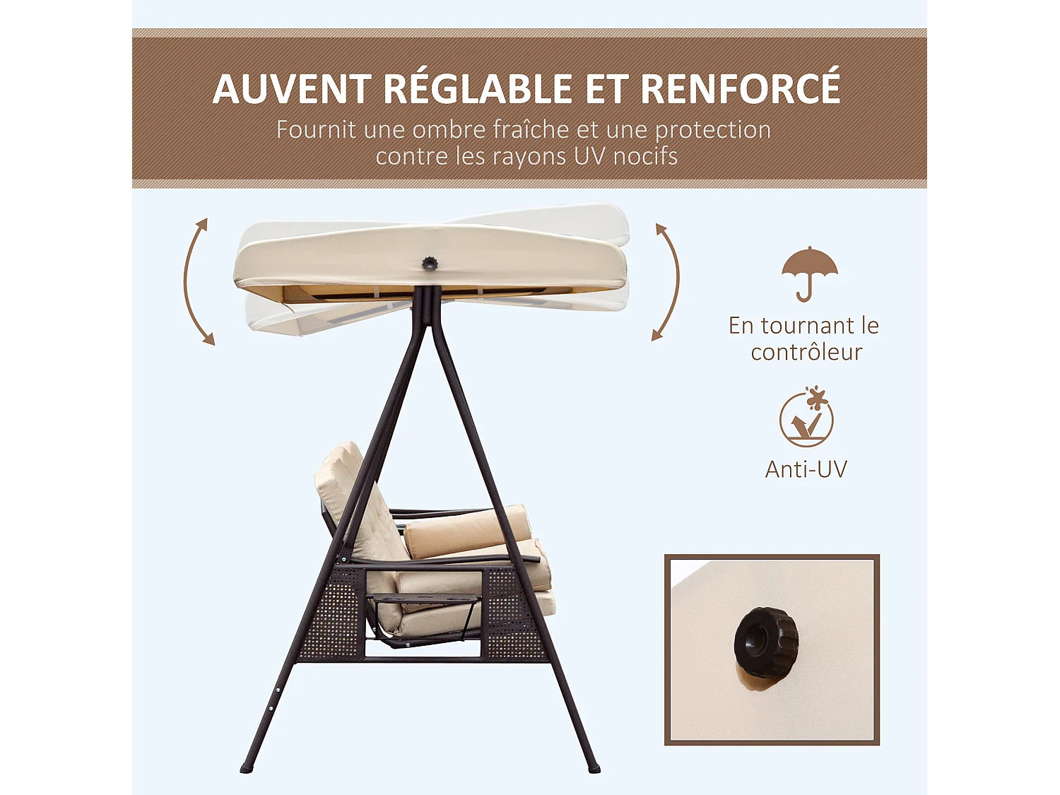 Balancelle de jardin 3 places grand confort toit inclinaison réglable coussins plateaux rétractables polyester filé beige