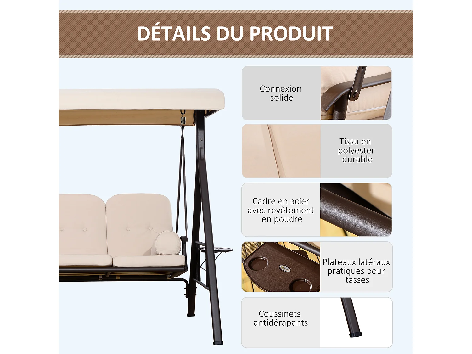 Balancelle de jardin 3 places grand confort toit inclinaison réglable coussins plateaux rétractables polyester filé beige