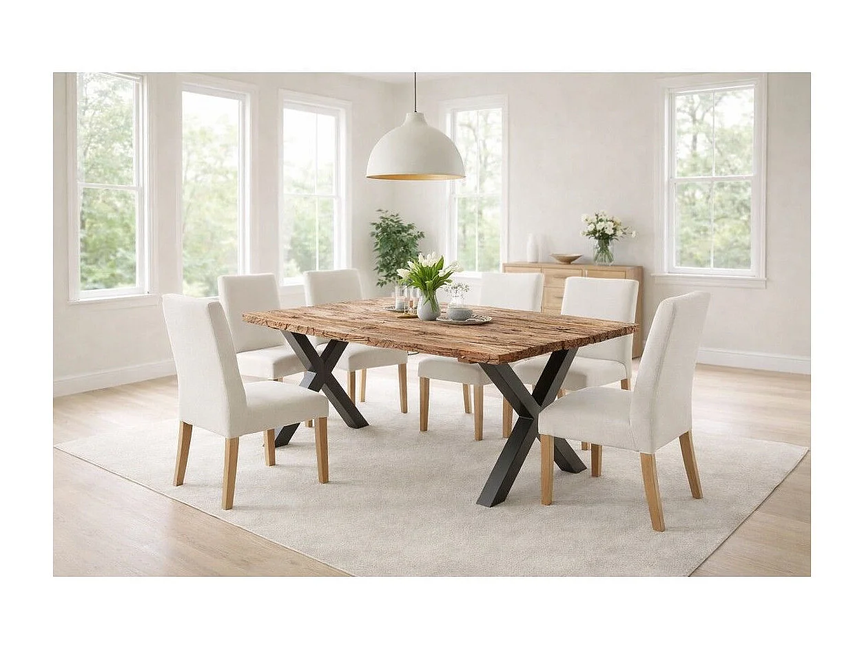 Table de salle à manger RAFTA 180 cm – Plateau en bois massif de teck – Pieds en X en métal noir