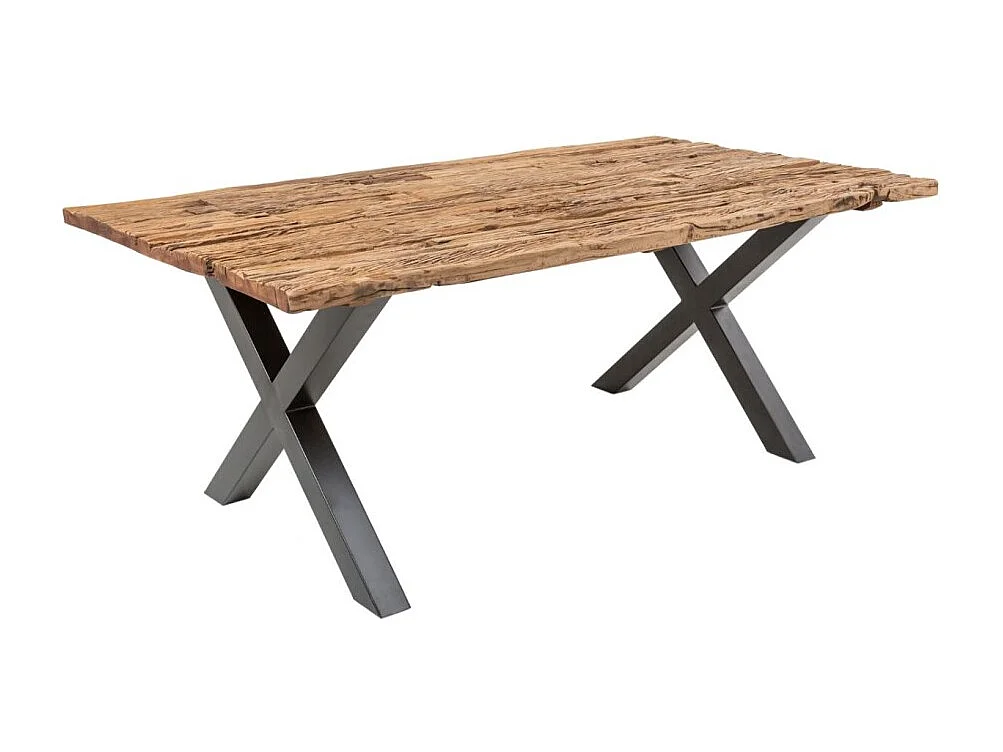 Table de salle à manger RAFTA 180 cm – Plateau en bois massif de teck – Pieds en X en métal noir
