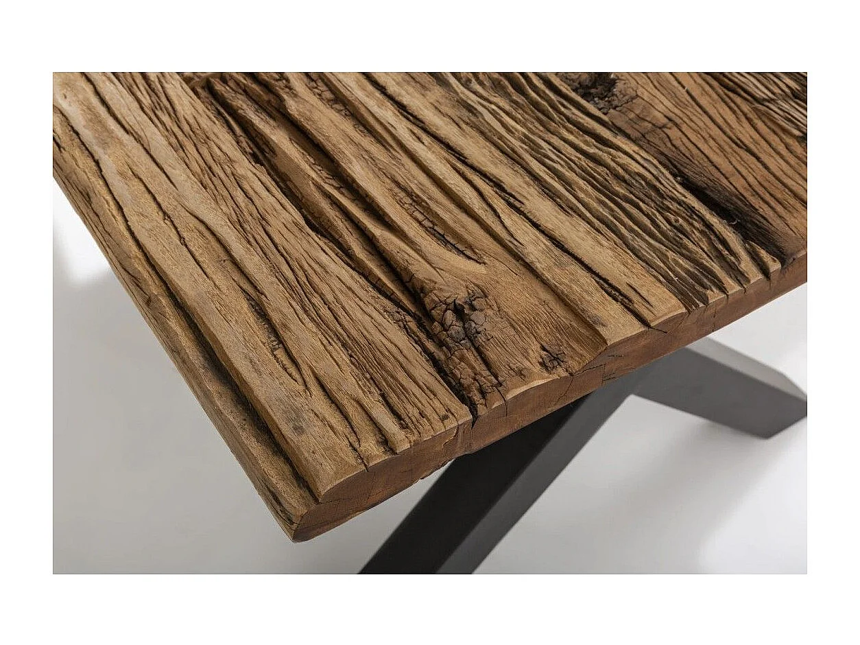Table de salle à manger RAFTA 180 cm – Plateau en bois massif de teck – Pieds en X en métal noir
