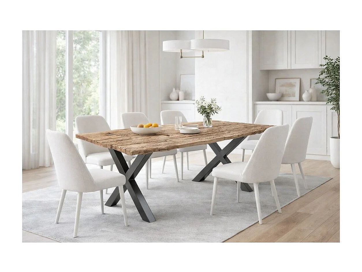 Eettafel RAFTA 220 cm - Massief teakhouten blad - Zwarte metalen X-poten