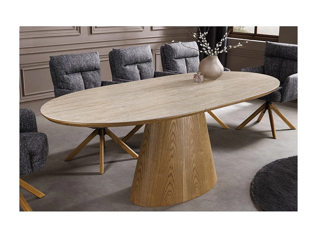 LUMEA uitschuifbaar 160–200 cm – Moderne tafel met travertijn-look keramiek en eiken
