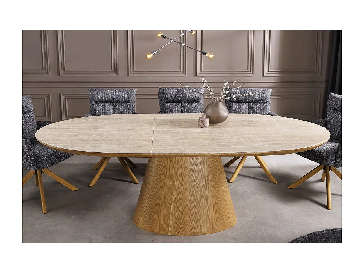 LUMEA uitschuifbaar 160–200 cm – Moderne tafel met travertijn-look keramiek en eiken