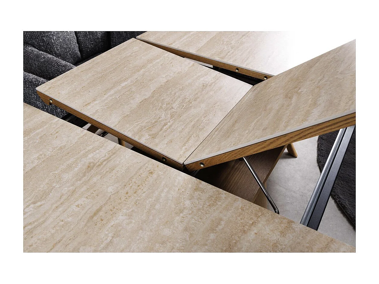 LUMEA uitschuifbaar 160–200 cm – Moderne tafel met travertijn-look keramiek en eiken