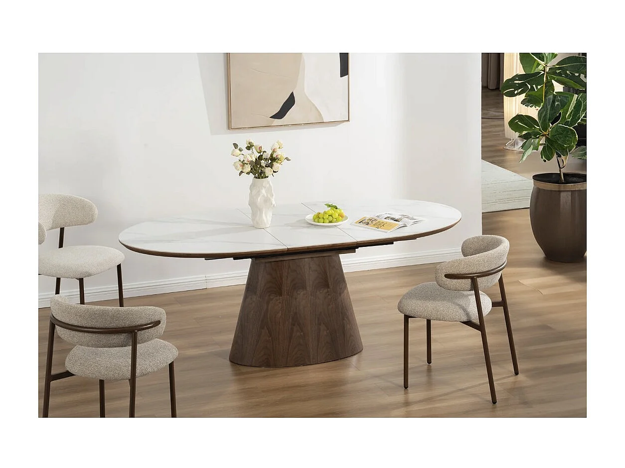 Table LUMEA extensible 160–200 cm – Table contemporaine en céramique effet marbre blanc et noyer