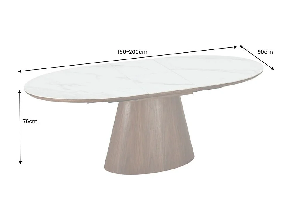 Table LUMEA extensible 160–200 cm – Table contemporaine en céramique effet marbre blanc et noyer