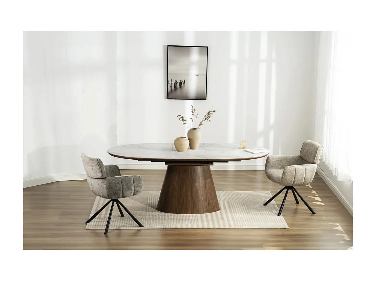 Table LUMEA extensible 160–200 cm – Table contemporaine en céramique effet marbre blanc et noyer