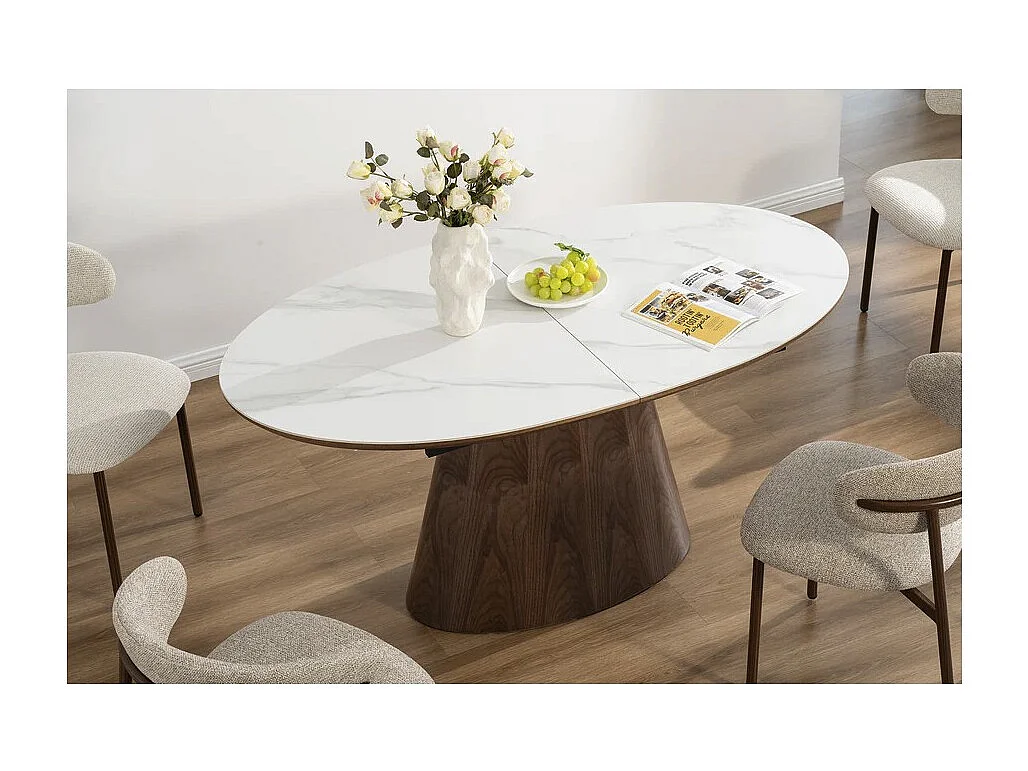 Table LUMEA extensible 160–200 cm – Table contemporaine en céramique effet marbre blanc et noyer